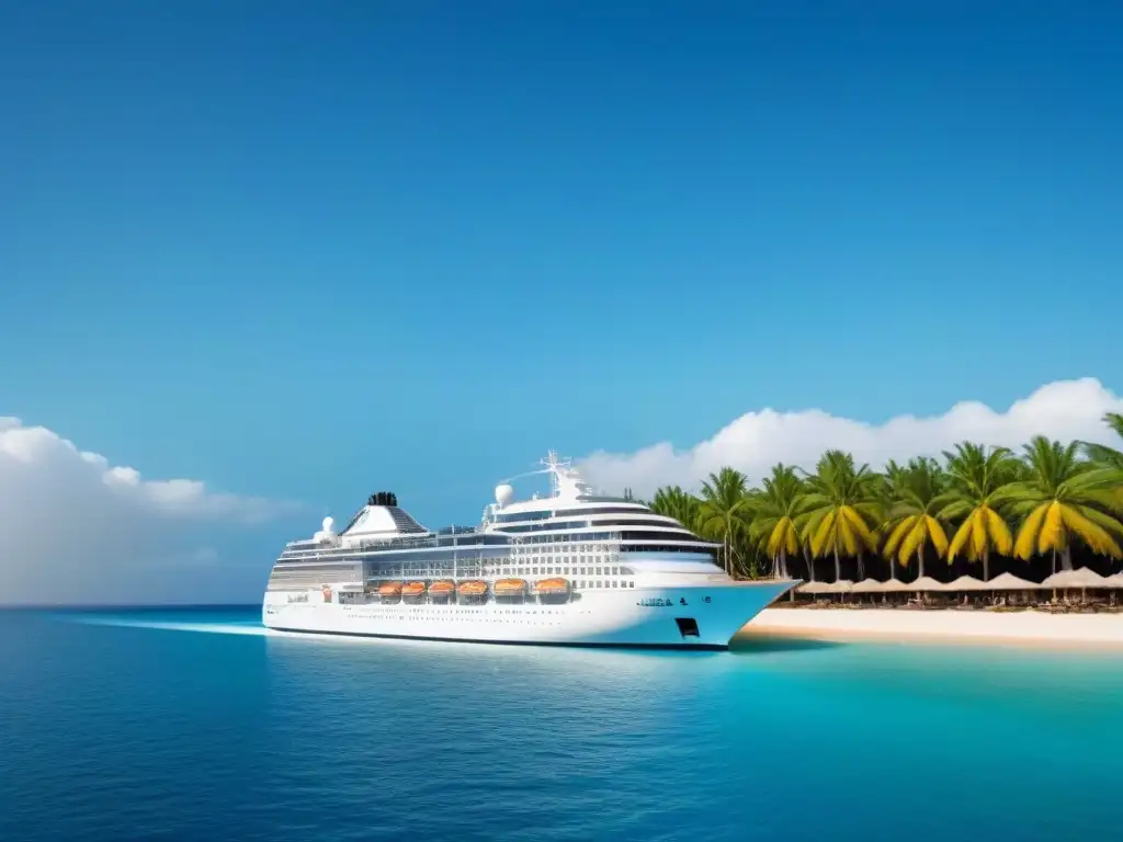 Un crucero de lujo con líneas elegantes surca aguas turquesas, reflejando el sol