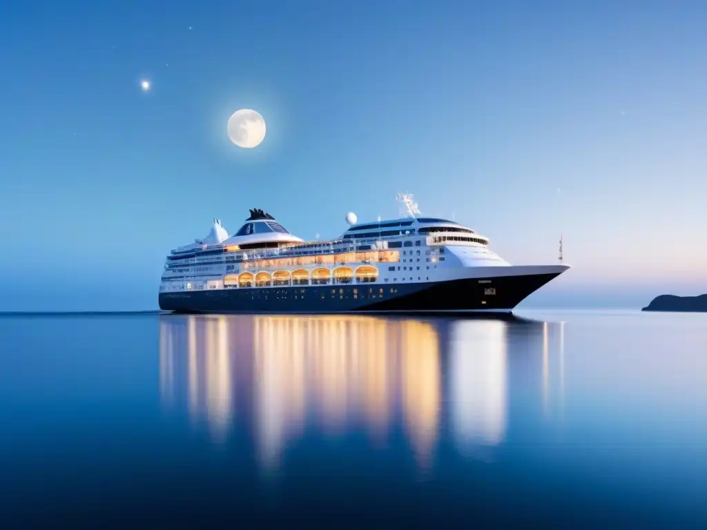 Un crucero de lujo navegando bajo la luna en aguas calmadas, reflejando serenidad y comfort