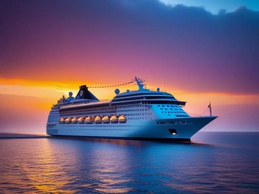Crucero de lujo al atardecer: elegancia en alta mar Un crucero de lujo surcando el mar al atardecer, reflejando tonos naranjas y rosados en el agua