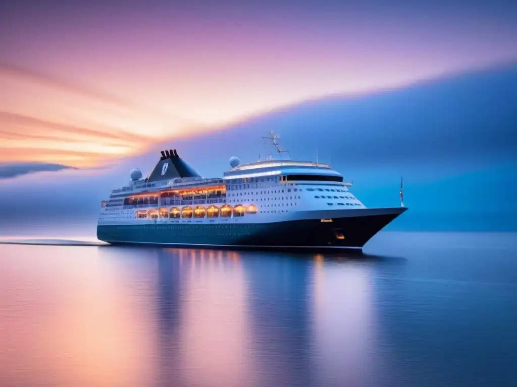 Un crucero de lujo en el Mar Báltico, deslizándose elegante bajo un cielo pastel al atardecer, transmitiendo sofisticación y relajación