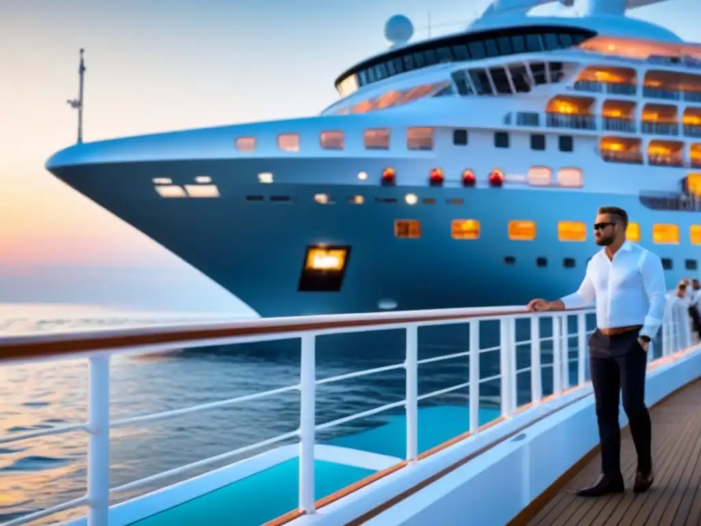 Crucero de lujo navegando en el Mar Báltico al atardecer, pasajeros elegantes disfrutan de la vista