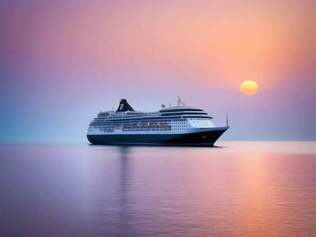 Un crucero de lujo navegando en un mar sereno al atardecer, transmitiendo tranquilidad y sofisticación