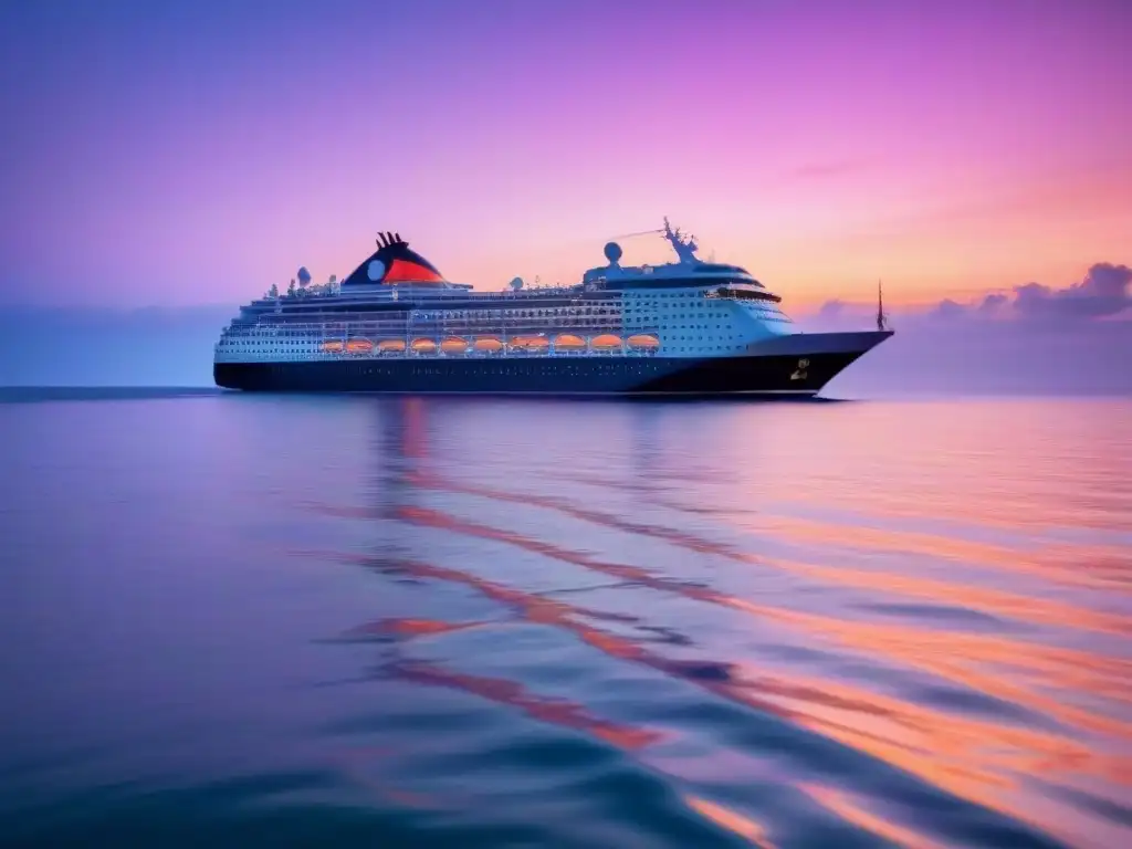 Un crucero de lujo navegando en un mar tranquilo al atardecer, ideal para practicar técnicas de relajación en cruceros