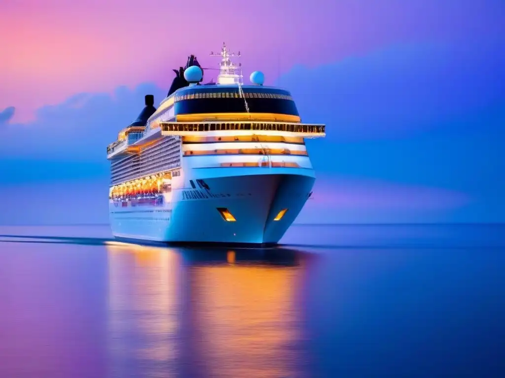 Un crucero de lujo navegando en un mar tranquilo al atardecer, con colores vibrantes en el cielo