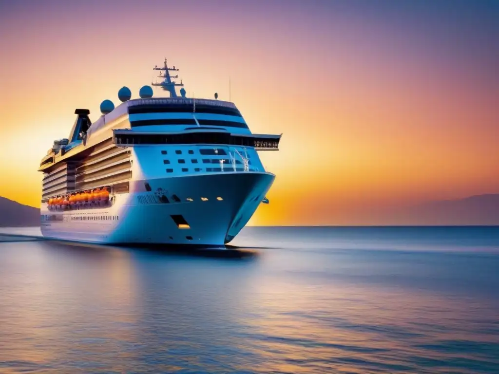 Un crucero de lujo por el Mediterráneo al atardecer, navegando en aguas cristalinas bajo un cielo vibrante y pastel