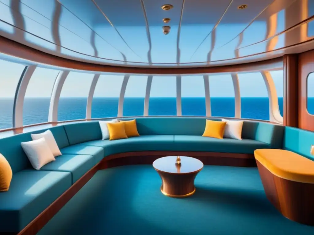 Crucero de lujo moderno con diseño elegante y vistas al mar, transmitiendo tranquilidad