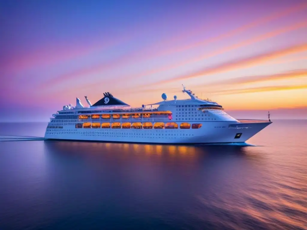 Inversión exclusiva: Crucero de lujo al atardecer Un crucero de lujo moderno y elegante navegando al atardecer, resaltando la rentabilidad de los cruceros de lujo