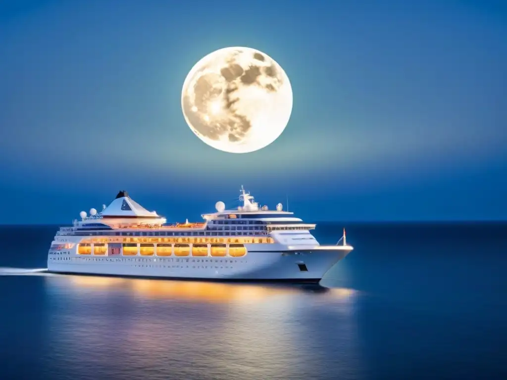 Un crucero de lujo navegando bajo la noche estrellada, reflejando la luna llena en el mar