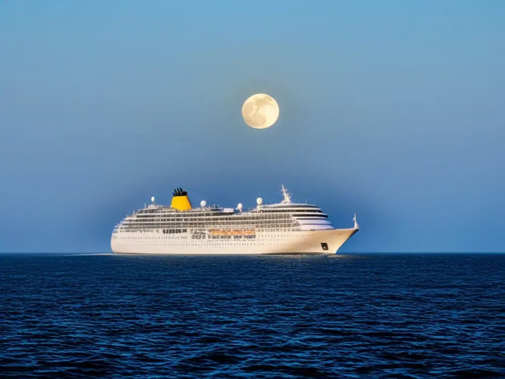 Un crucero de lujo navegando bajo la noche estrellada con luna llena sobre el mar tranquilo