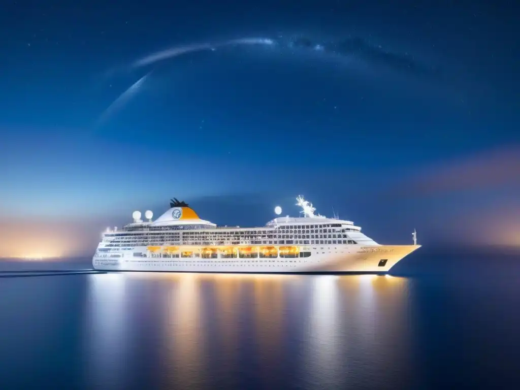 Un crucero de lujo navegando de noche entre estrellas, con luces cálidas y elegantes reflejadas en el mar