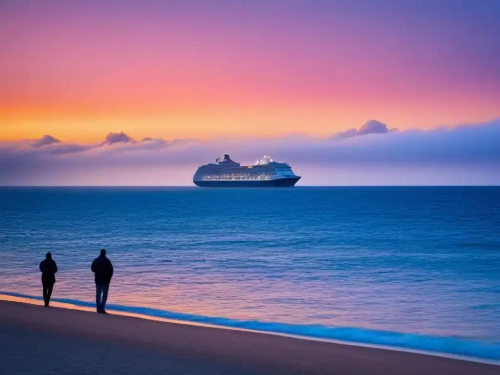 Un crucero de lujo navegando en un océano al atardecer, reflejando el cálido cielo