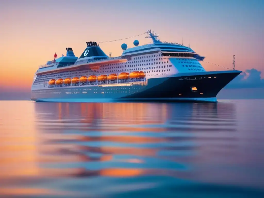 Un crucero de lujo surca un océano tranquilo al atardecer, con detalles de criptomonedas