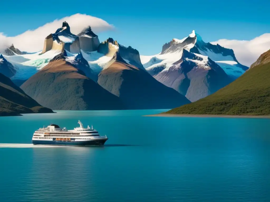 Un crucero de lujo en Patagonia navegando por el Canal Beagle, rodeado de montañas nevadas y aguas azules