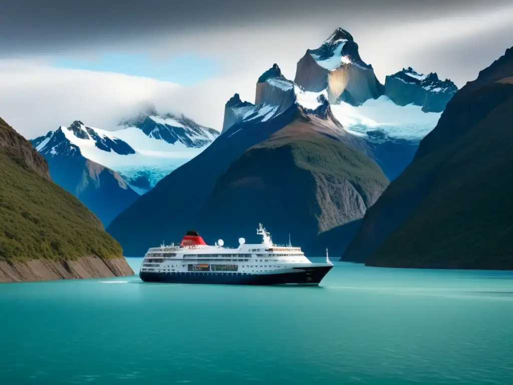 Un crucero de lujo en Patagonia navegando con elegancia entre los fiordos, rodeado de montañas nevadas y aguas cristalinas