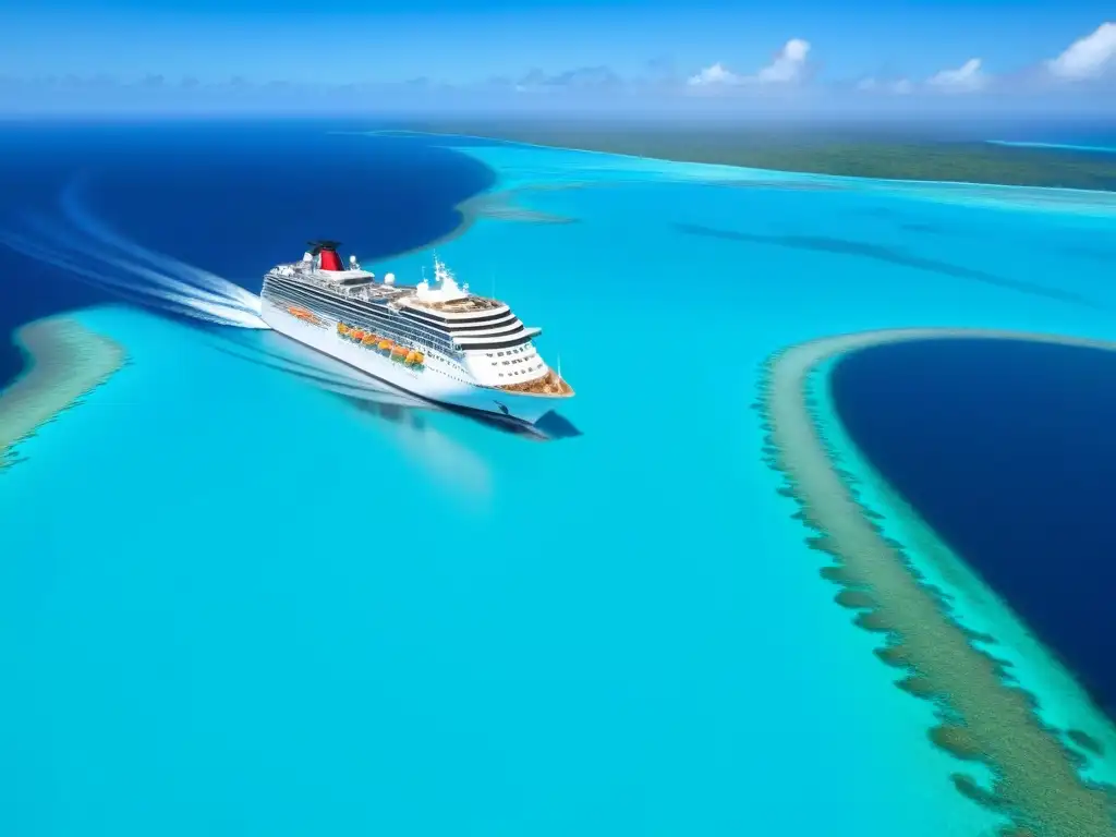 Un crucero de lujo en Polinesia navegando por aguas turquesa, rodeado de islas verdes y arrecifes de coral vibrantes