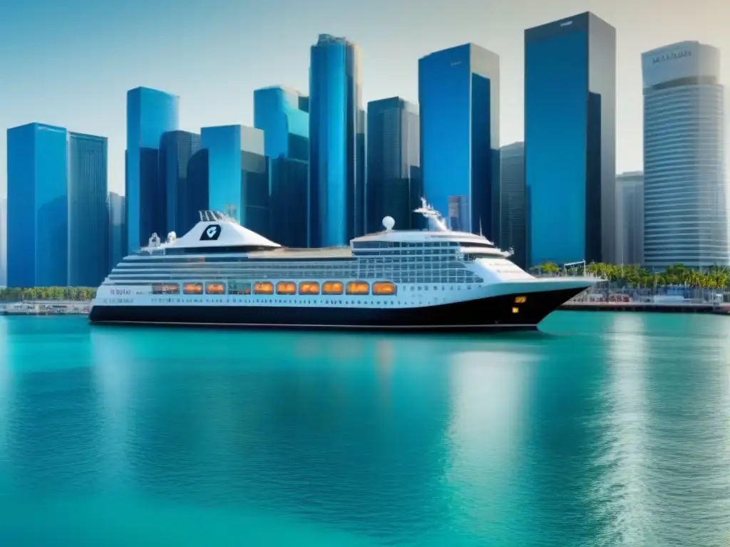 Crucero de lujo en puerto urbano: impacto inmobiliario Un crucero de lujo en un puerto bullicioso rodeado de rascacielos, reflejando el impacto de los cruceros en el mercado inmobiliario local