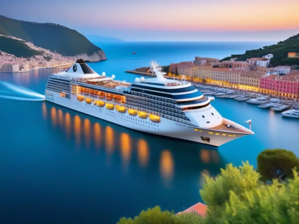 Un crucero de lujo en un puerto mediterráneo vibrante al atardecer, rodeado de edificios coloridos yates en el mar