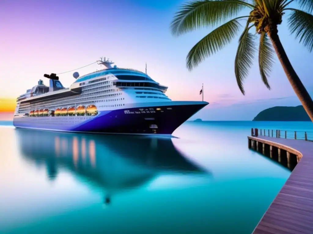 Un crucero de lujo en un puerto pintoresco al atardecer, reflejando en aguas turquesa