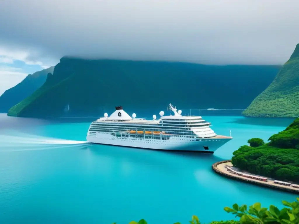 Un crucero de lujo en un puerto pintoresco, rodeado de aguas turquesas y un cielo despejado