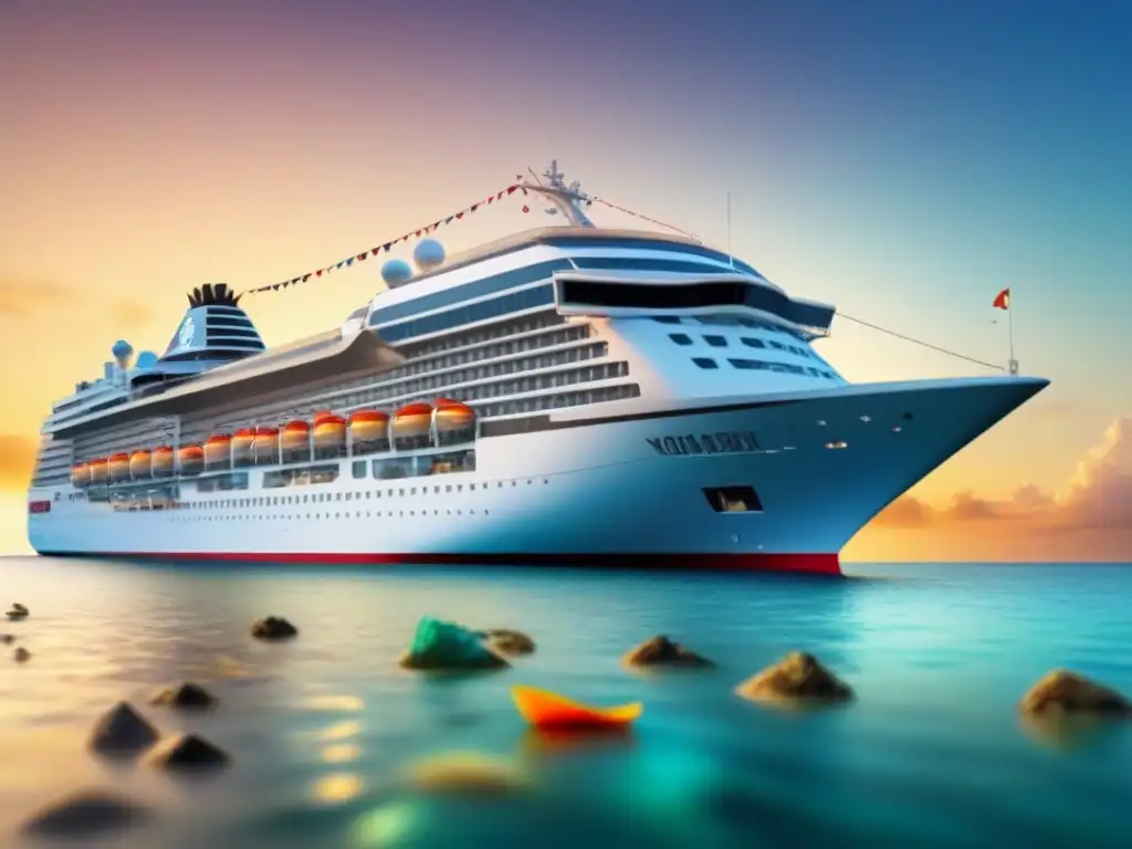 Crucero de lujo: impacto ambiental del desperdicio marino Un crucero de lujo dejando residuos en su estela, impactando el medio ambiente