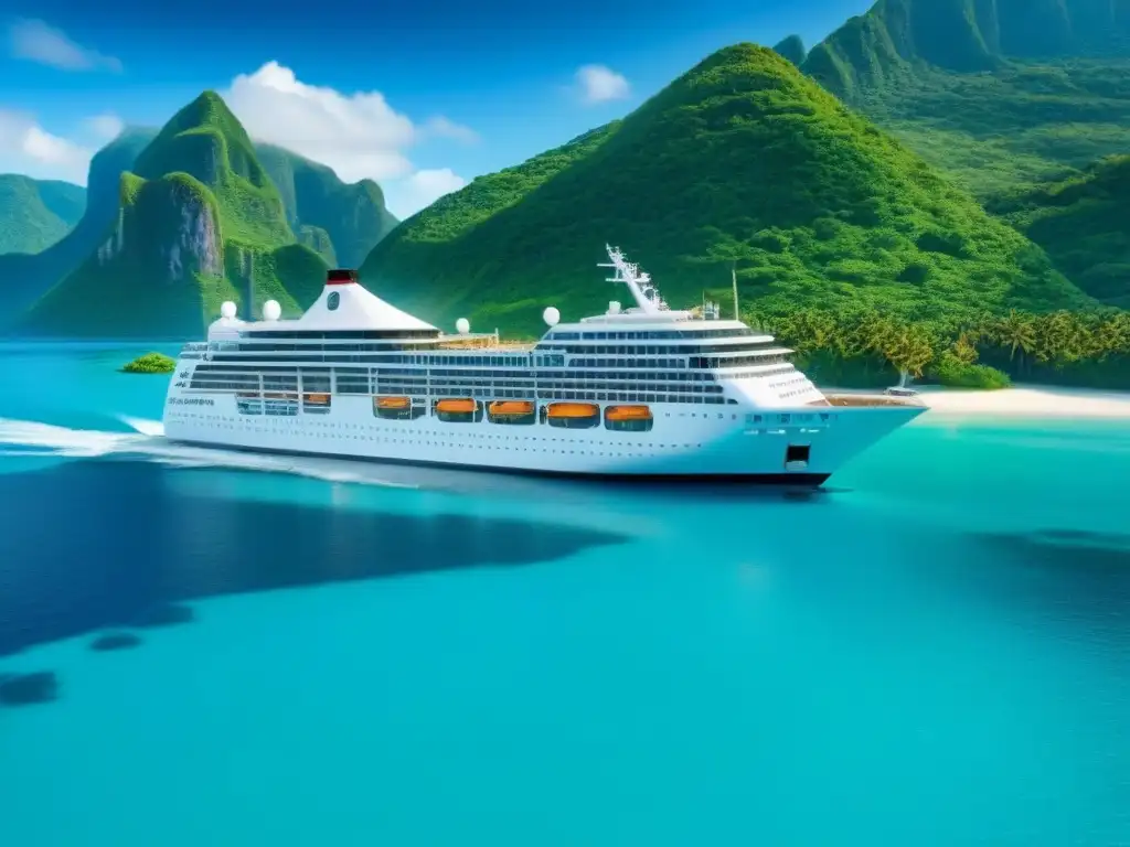 Un crucero de lujo responsable navega elegante entre aguas turquesas y exuberantes islas tropicales bajo un cielo azul claro