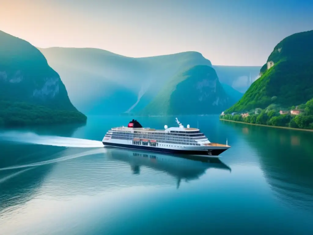 Un crucero de lujo Viking navegando serenamente por un río europeo, rodeado de exuberante vegetación reflejada en las aguas cristalinas