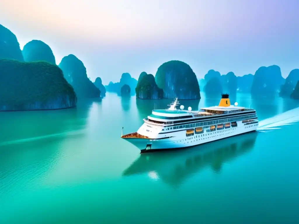 Un crucero de lujo navega por Halong Bay, Vietnam, rodeado de karsts y aguas verdes