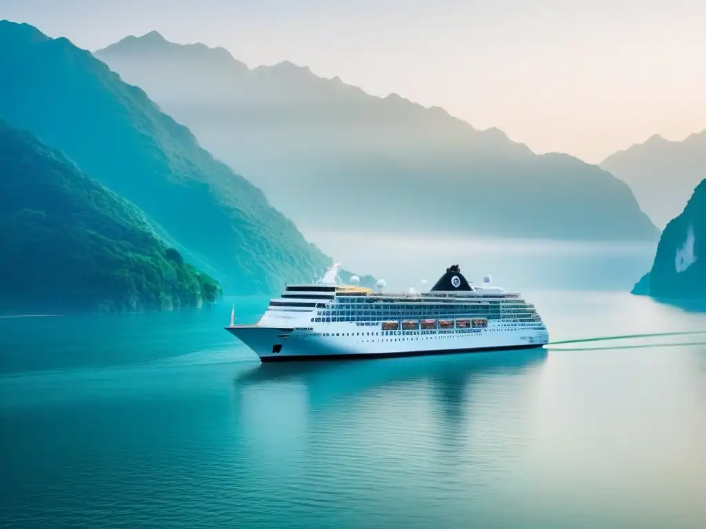 Crucero de lujo al amanecer en destino asiático Un crucero de lujo navegando al amanecer en Asia, rodeado de montañas brumosas y exuberante vegetación