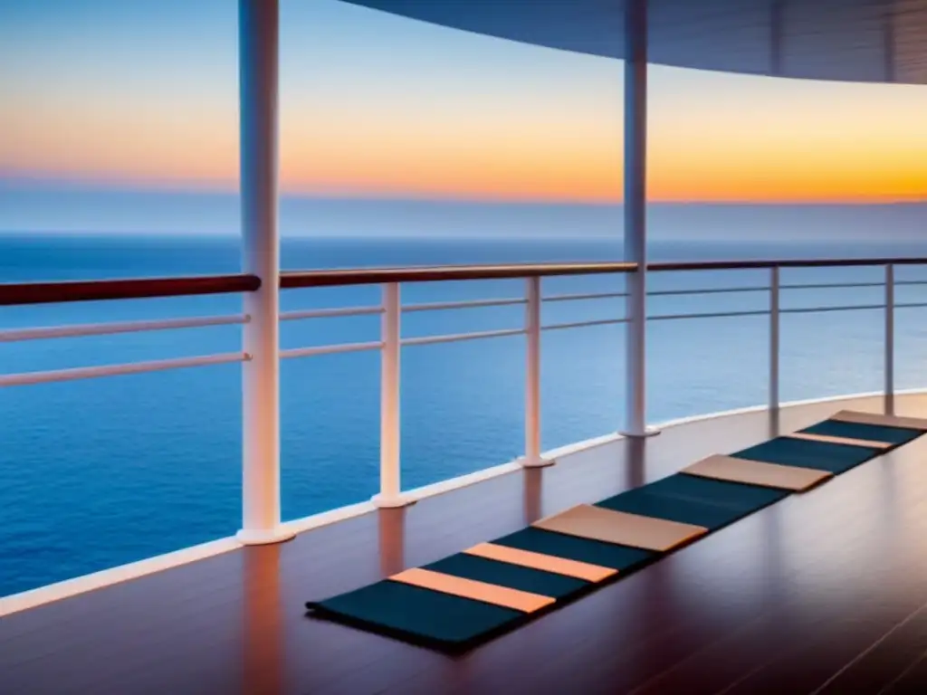 Deck de yoga en crucero de lujo al amanecer, rodeado de serenidad y bienestar