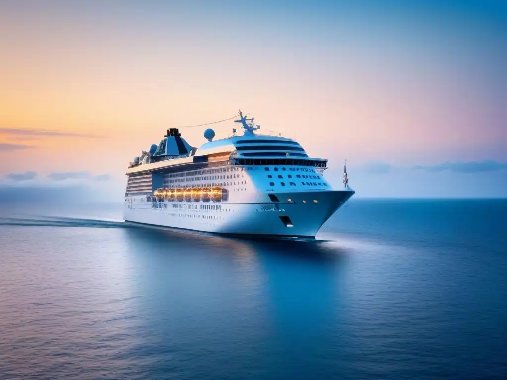 Un crucero de lujo navega sereno en aguas cristalinas al atardecer, reflejando la calma y exclusividad de los Programas de lealtad en cruceros