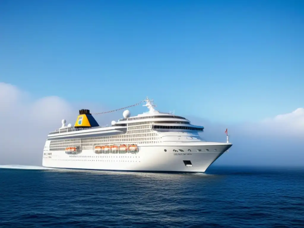 Un crucero de lujo navega sereno en aguas cristalinas bajo un cielo despejado, evocando tranquilidad y sofisticación