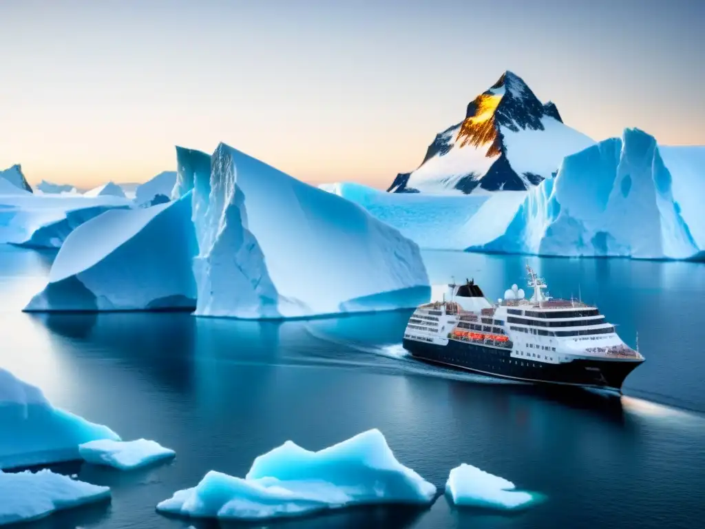 Un crucero de lujo de Silversea navegando por aguas heladas de la Antártida bajo el sol de medianoche, en una experiencia exclusiva cruceros lujo