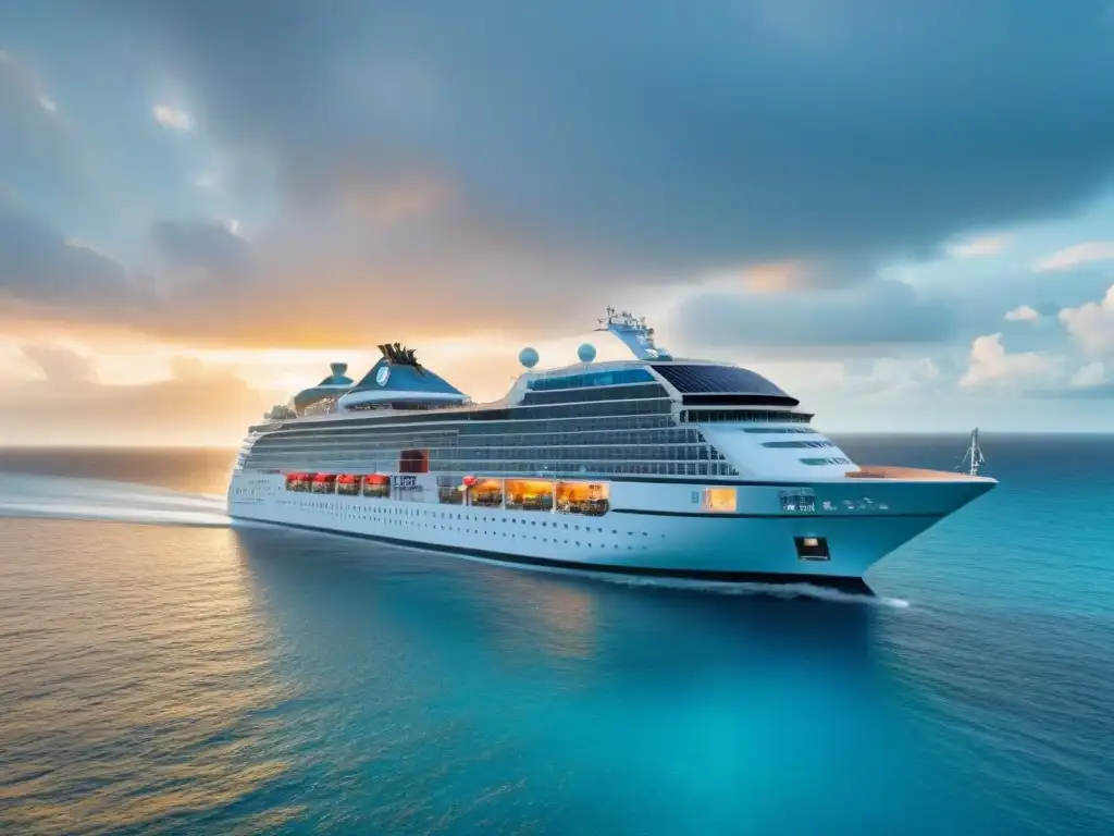 Un crucero de lujo sostenible practicando ecología, navega en aguas turquesas entre islas tropicales verdes al atardecer