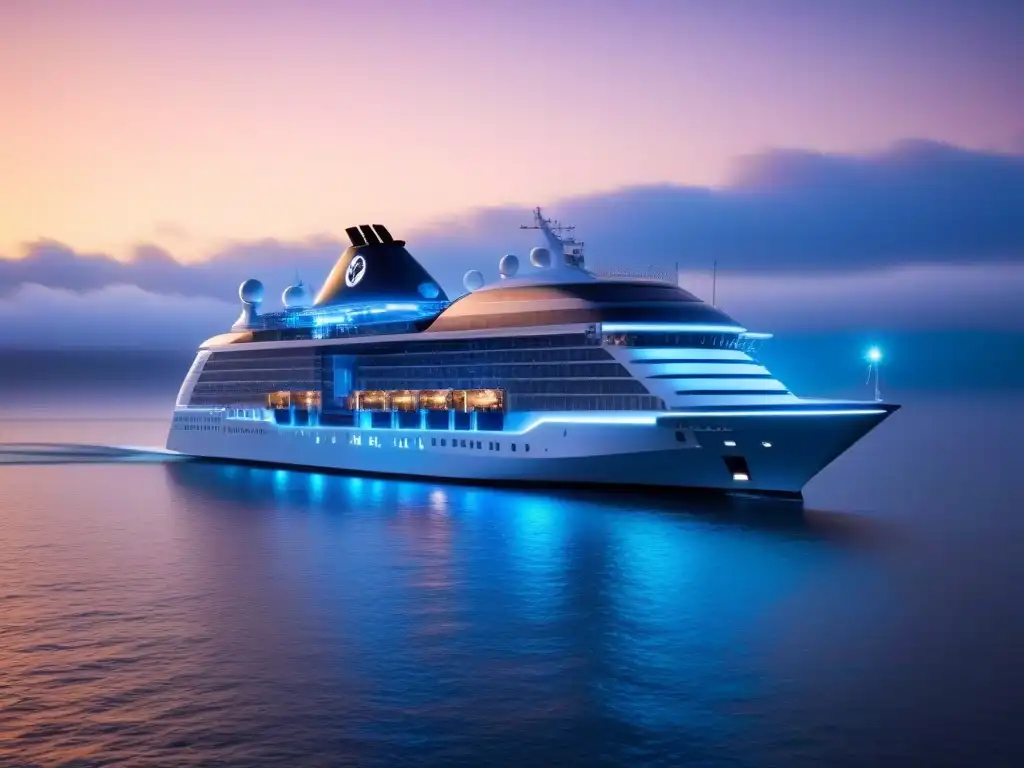 Un crucero de lujo con tecnología avanzada y diseño futurista en el mar al atardecer