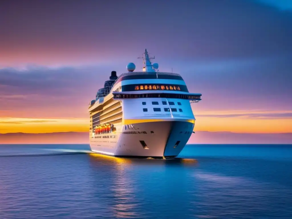 Un crucero de lujo avanza con tecnología punta en aguas cristalinas al atardecer