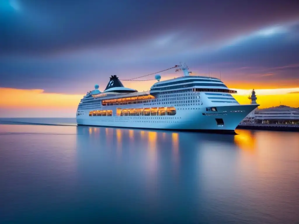 Un crucero de lujo navegando bajo un vibrante atardecer, reflejando oro en aguas tranquilas, con gaviotas sobre nichos rentables en cruceros