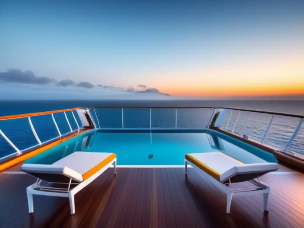 Deck de crucero lujoso al atardecer, con diseño moderno, piscina infinita y confort opulento, destacando innovaciones industria cruceros viajes