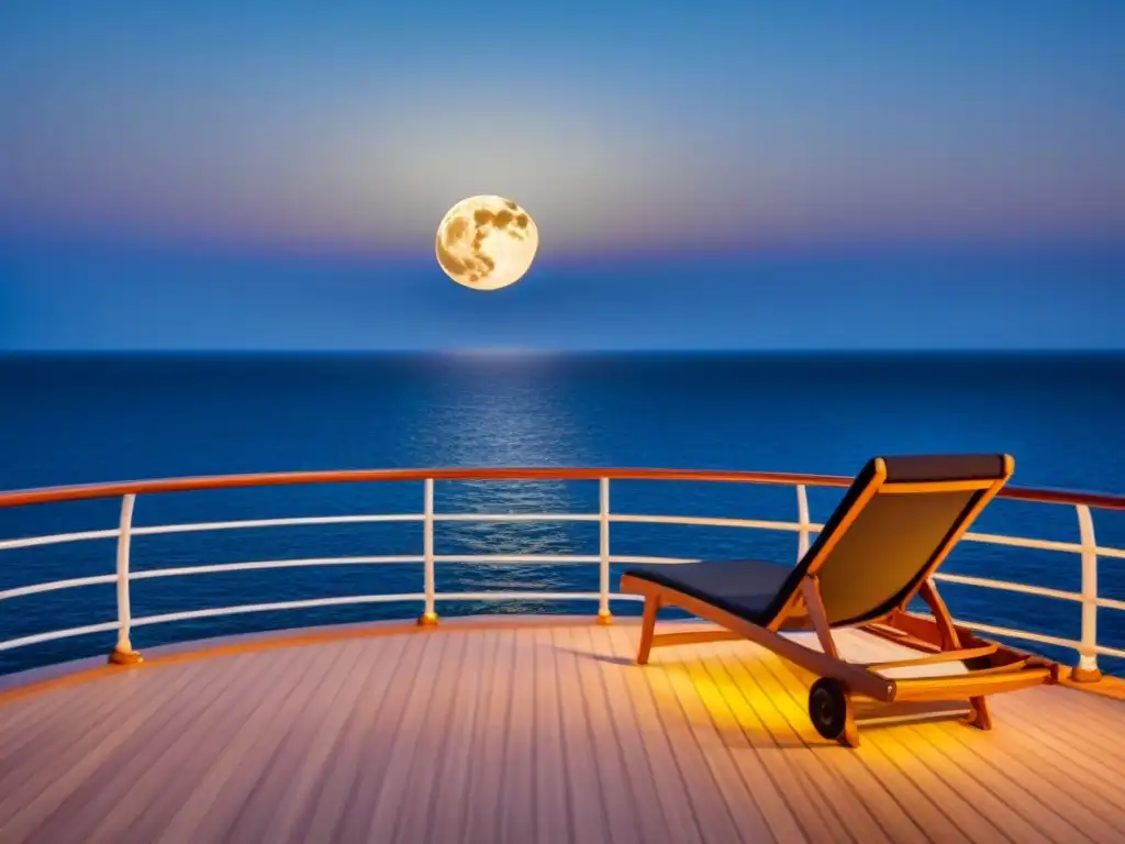 Deck de crucero lujoso bajo la luna llena en el mar calmado, con silla elegante