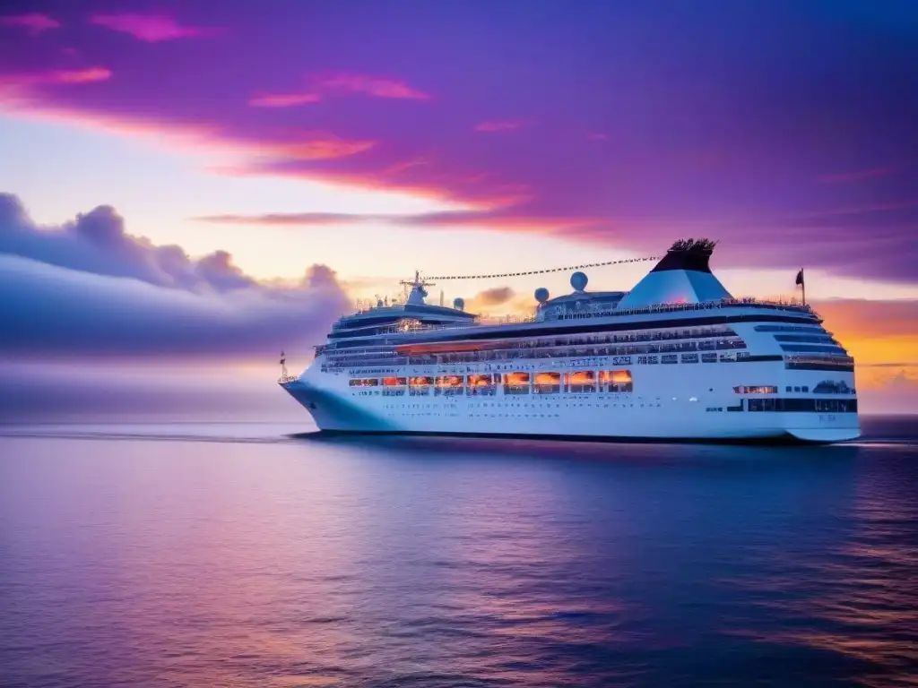 Un crucero con maestros destinos fascinantes navegando al atardecer en un mar sereno y colorido