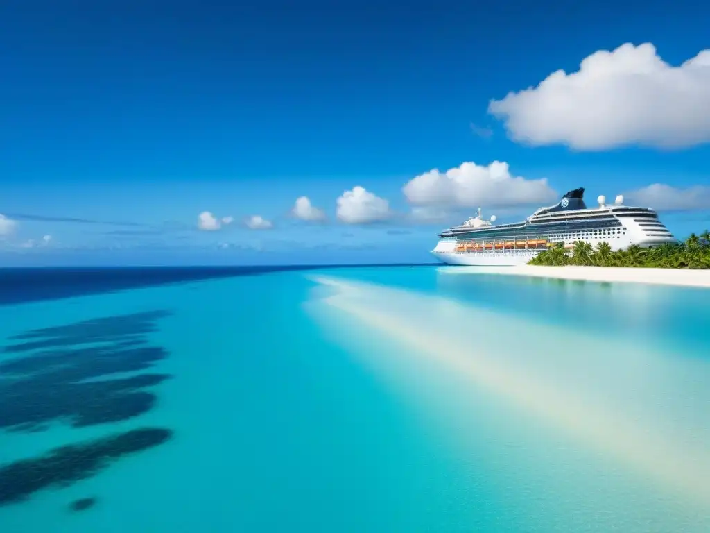 Un crucero con maestros destinos fascinantes surcando aguas turquesa, rodeado de palmeras verdes en una playa de arena blanca