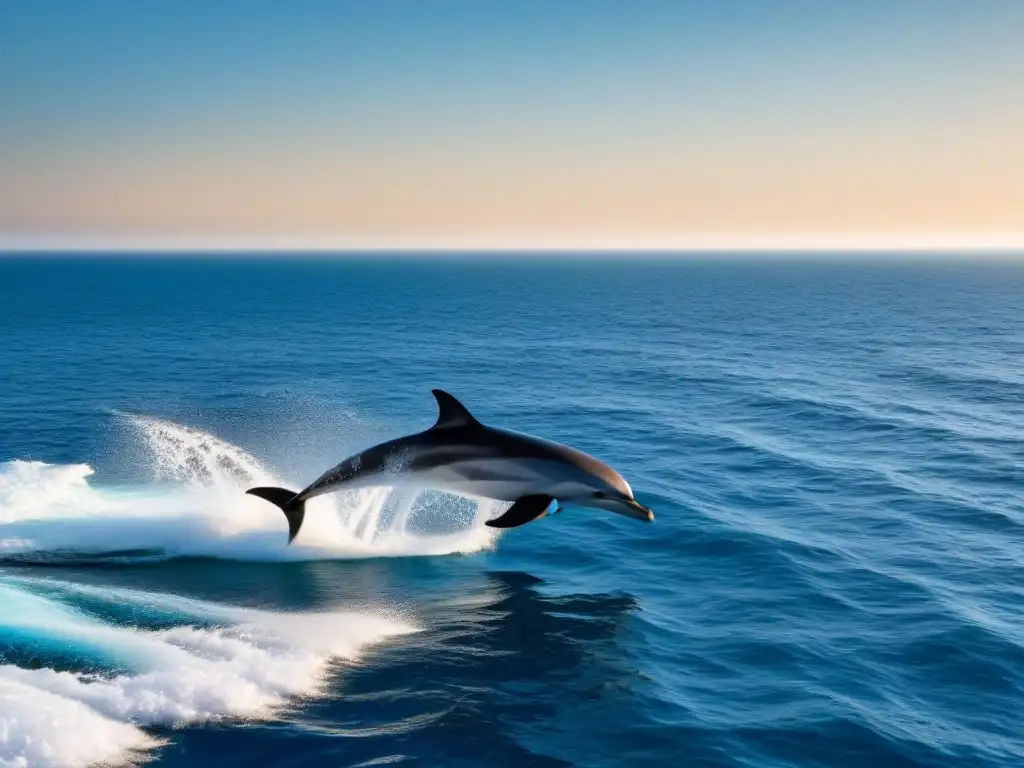 Un crucero majestuoso navegando en aguas cristalinas con delfines alegres, simbolizando la protección marina en cruceros