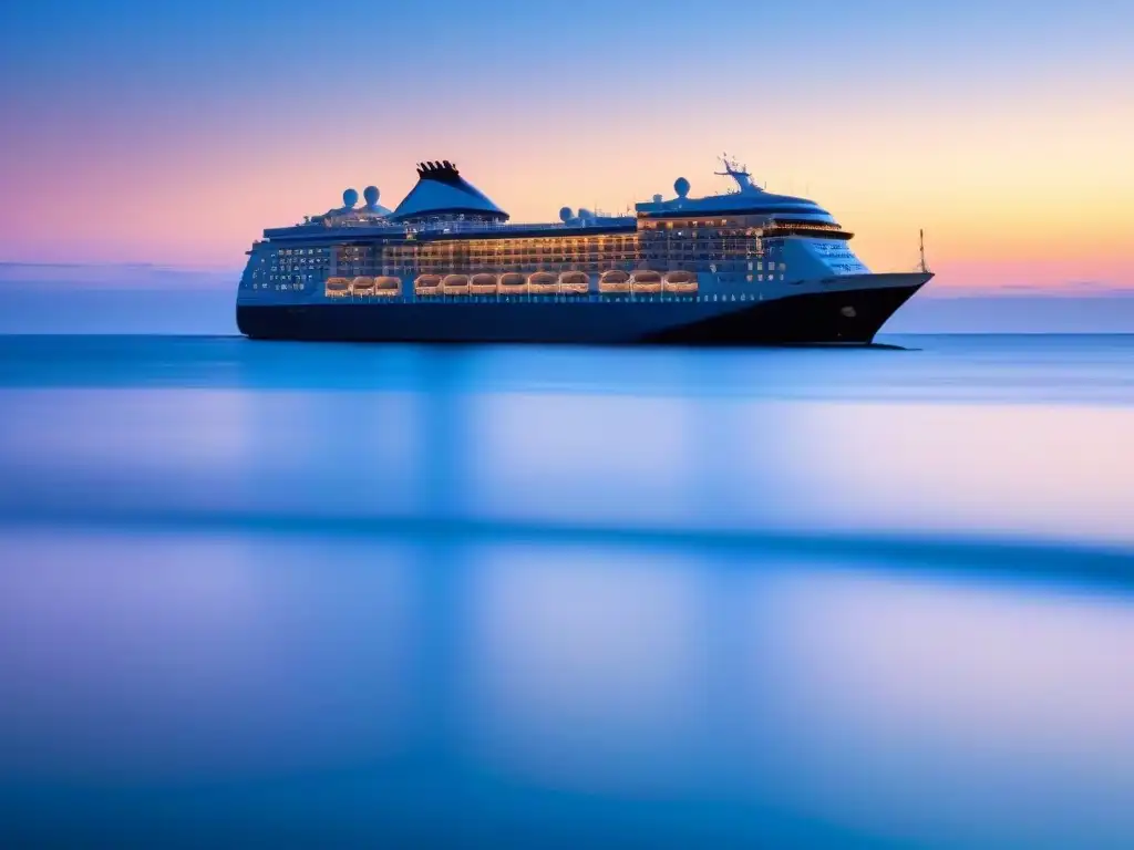 Un crucero majestuoso navega en aguas cristalinas al atardecer, destacando la tranquilidad del turismo marítimo