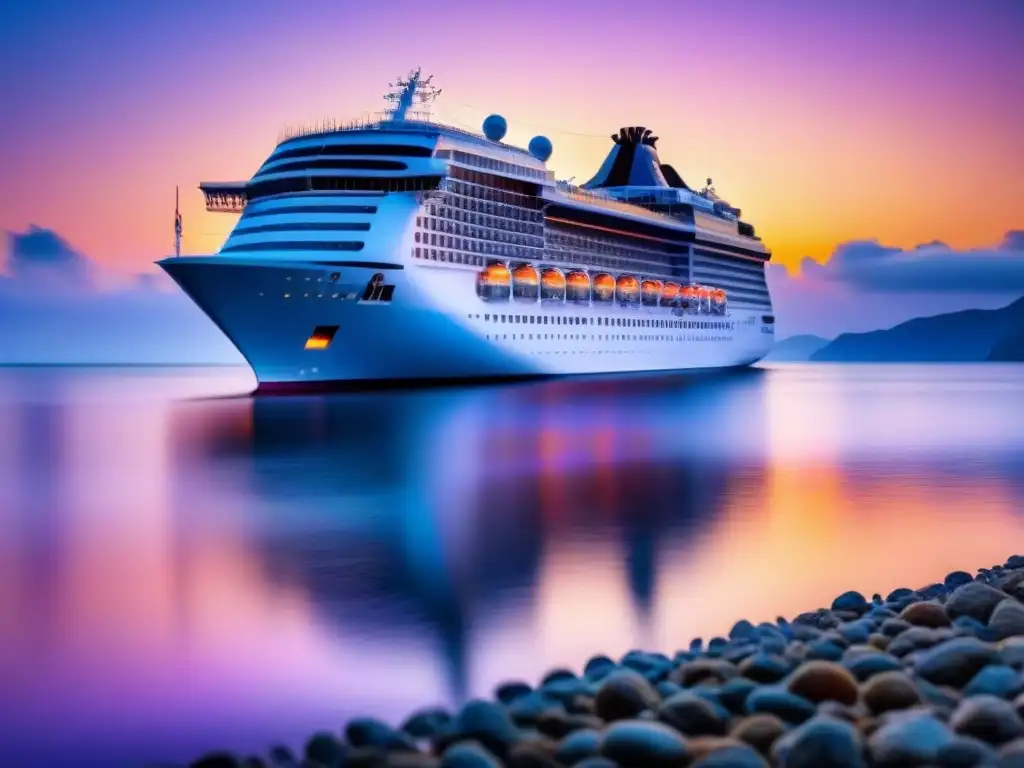 Un crucero majestuoso surca aguas cristalinas al atardecer