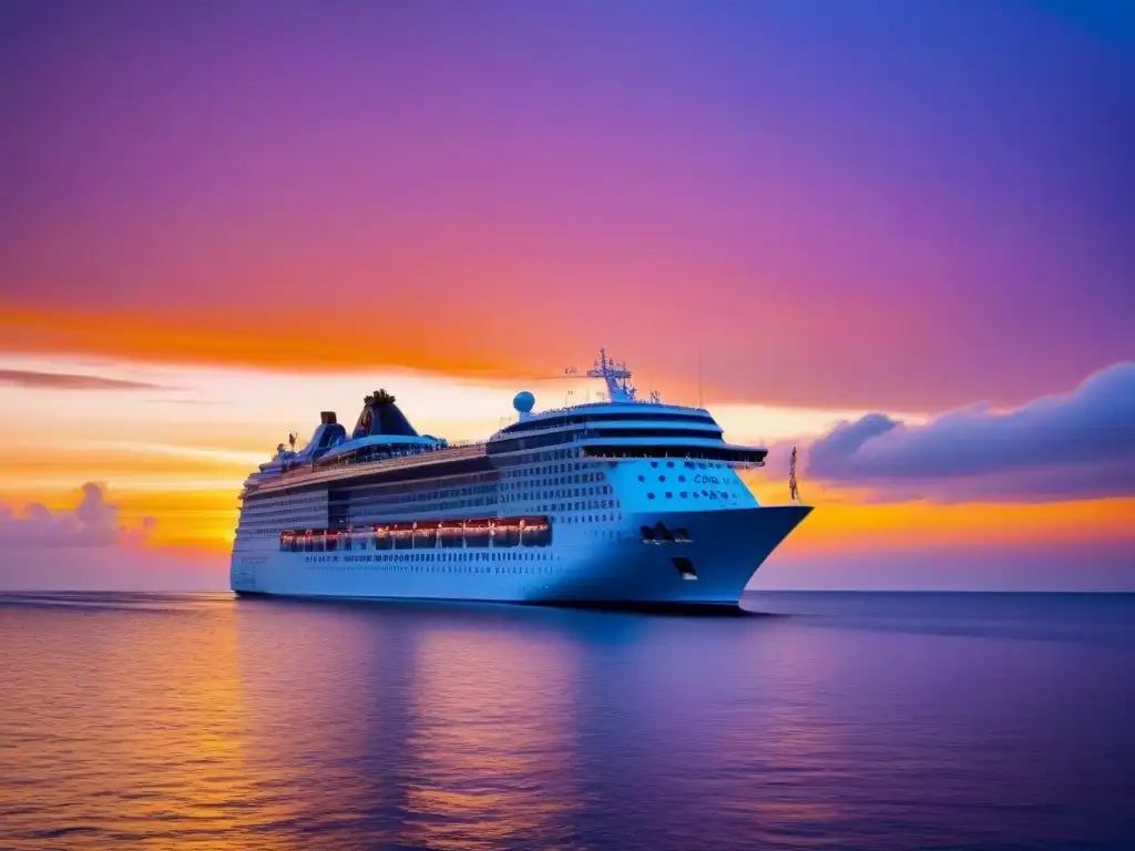 Un crucero majestuoso surca aguas tranquilas al atardecer, mostrando el impacto turismo marítimo cruceros global