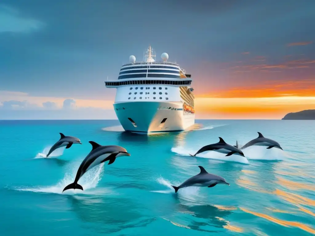 Un crucero majestuoso surcando aguas turquesas con delfines y gaviotas al atardecer