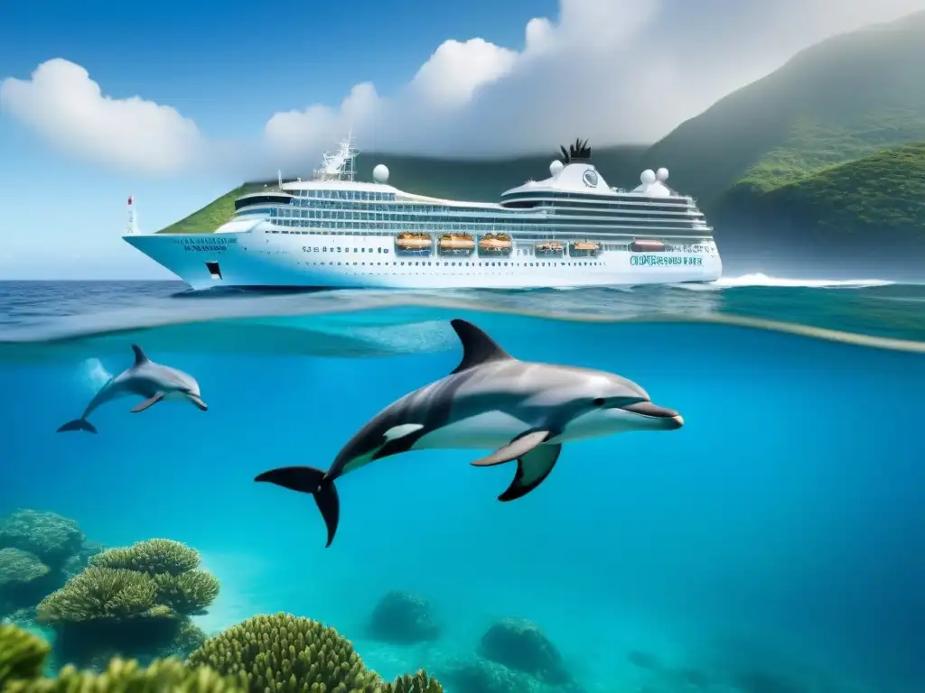 Un crucero majestuoso navegando en aguas turquesas con delfines, promoviendo el turismo marítimo sostenible y cruceros