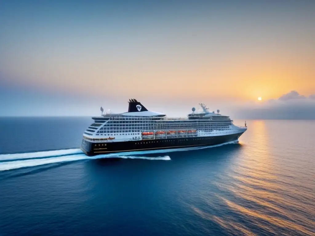 Un crucero majestuoso surcando el mar azul con el sol dorado en el horizonte