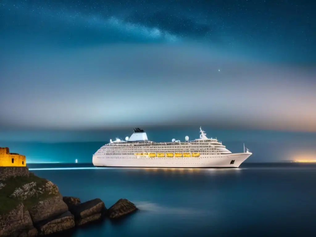 Un crucero majestuoso surca el mar bajo un cielo estrellado, rodeado de ruinas antiguas y faros históricos