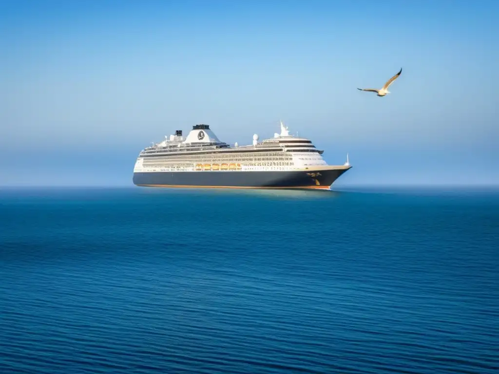 Un crucero majestuoso navega en un mar sereno bajo un cielo azul, transmitiendo seguridad y relax en un seguro de viaje en crucero