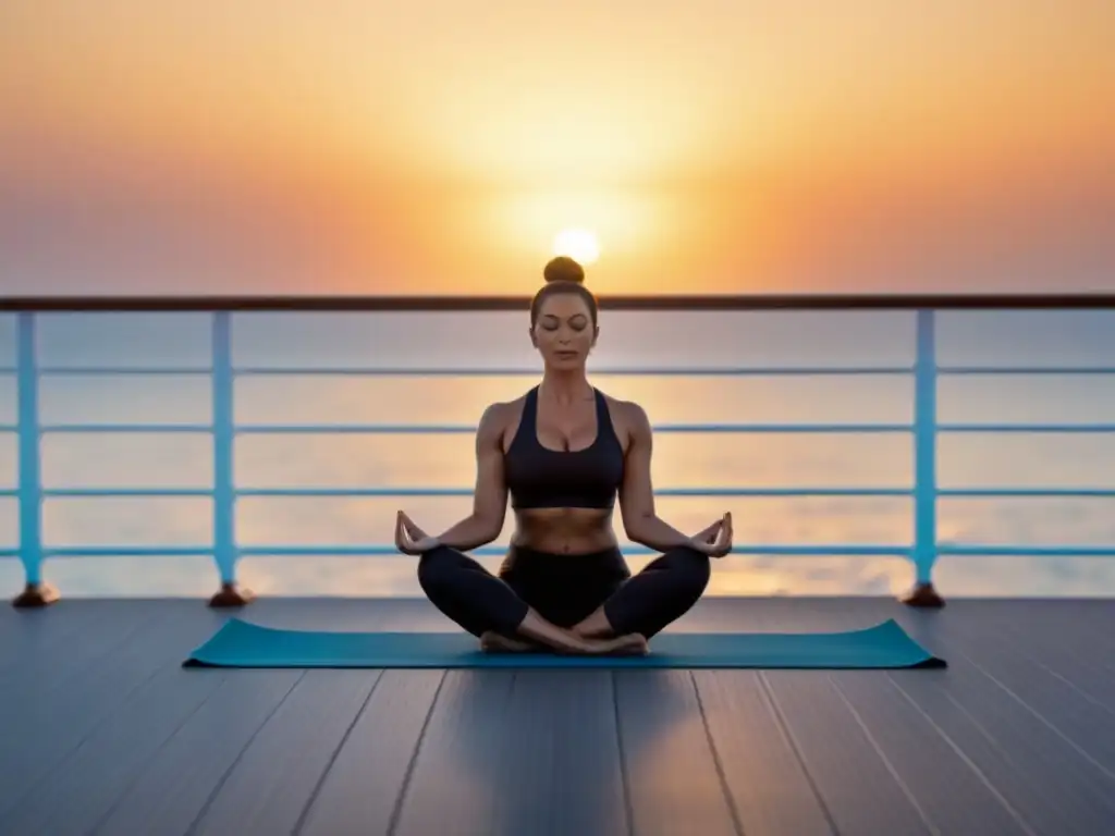 Practica yoga al amanecer en un crucero, con el mar calmado de fondo